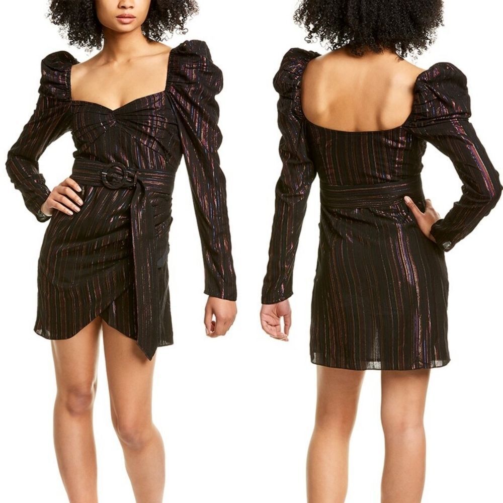 Rococo Sand Black Multicolor Metallic Stripe Belted Puff Sleeve Diva Mini Dress